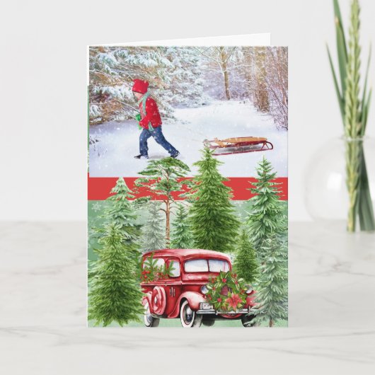 Vintager Roter LKW und Pinienwald Foto Weihnachten (Vorderseite)