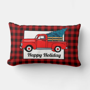 Vintager roter LKW, Urlaub, Konifer, kariert Lendenkissen