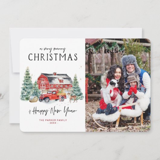 Vintager Roter LKW | Weihnachts-Weihnachtsfotokart Einladung (Vorderseite)