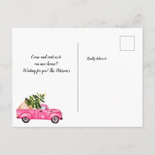 Vintager roter Lkw Weihnachtsbaum Ankündigungspostkarte (Rückseite)