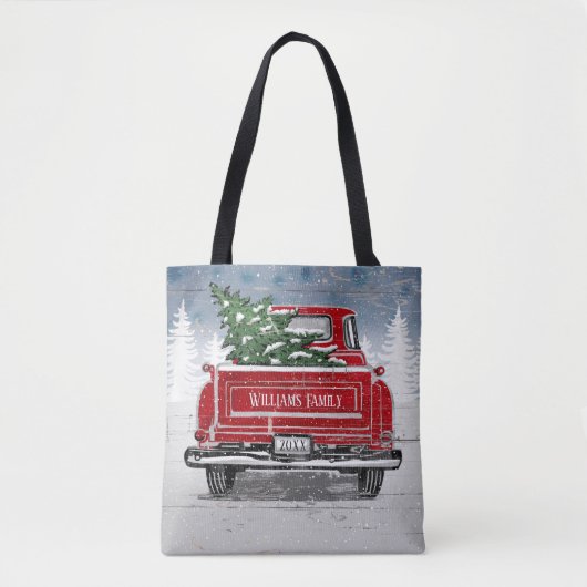 Vintager Roter LKW Weihnachtsbaum Rustikaler Name Tasche (Vorderseite)