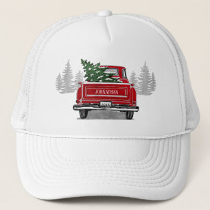 Vintager Roter LKW Weihnachtsbaum Rustikaler Name Truckerkappe