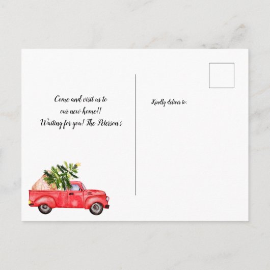 Vintager roter LKW Weihnachtsbaumklatsche Ankündigungspostkarte (Rückseite)