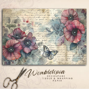 Vintager Roter Mohn und Schmetterling Wasserfarben Seidenpapier