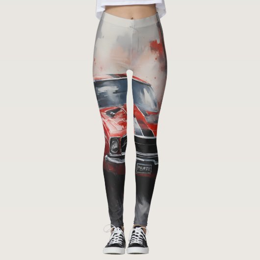 Vintager roter Muskelwagen mit Silberstreifen Leggings (Vorderseite)