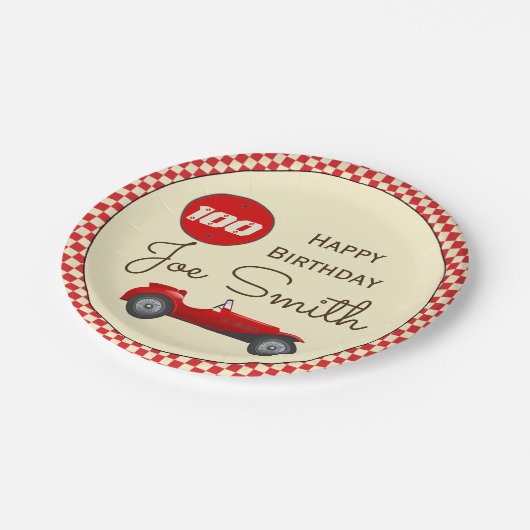 Vintager roter Rennenauto- und -flaggen100 Pappteller (Schrägansicht)