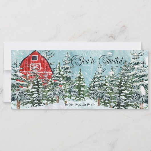 Vintager Roter Stall, Pinienbäume, Schnee Weihnach Einladung (Vorderseite)