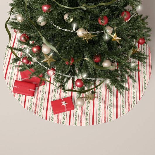 Vintager Roter Streifen und Aquarellblumen Polyester Weihnachtsbaumdecke