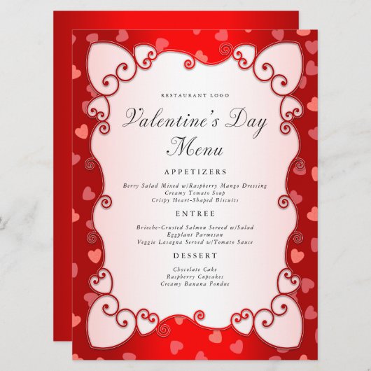 Vintager Roter Valentinstag Rosa Herzgrenze Menükarte (Vorne/Hinten)
