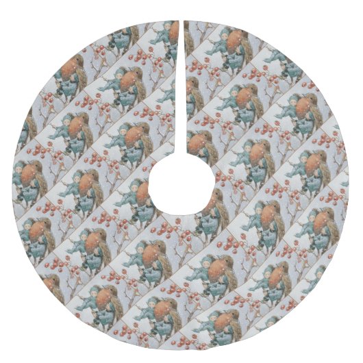 Vintager Roter Vogel und Elfen Polyester Weihnachtsbaumdecke (Vorderseite)