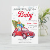 Vintager, roter Weihnachtsmann bringt uns ein Baby Einladung (Stehend Vorderseite)