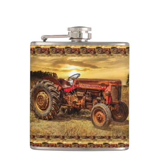 Vintager roter Zuchttraktor Flachmann (Vorderseite)