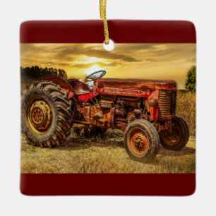 Vintager roter Zuchttraktor Keramikornament