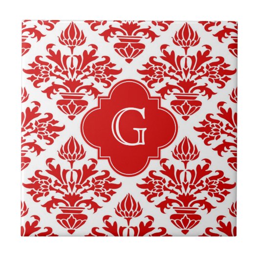 Vintager RotfloralDamast Nr. 3 mit Monogramm LG Fliese (Vorderseite)