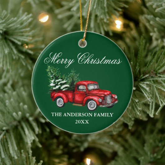 Vintager Rotlastwagen Grün Weihnachten Keramik Ornament (Baum)