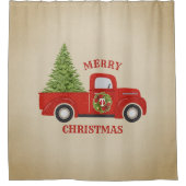 Vintager Rotlastwagen und Weihnachtsbaum Monogramm Duschvorhang (Vorderseite)