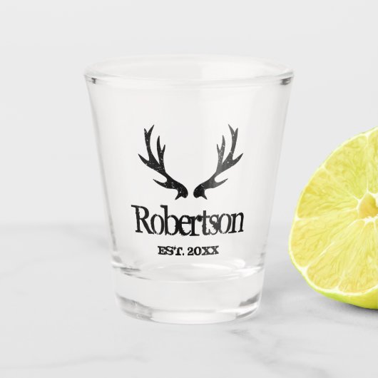 Vintager Rotwildgeweih-Namealkohol Schnapsglas (Vorderseite)