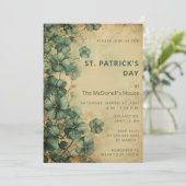 Vintager Rustikal Green Gold Kleeblatt St Patricks Einladung (Stehend Vorderseite)