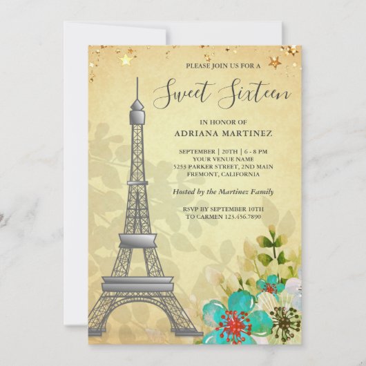 Vintager Rustikaler Eiffelturm 16 . Geburtstag Einladung (Vorderseite)