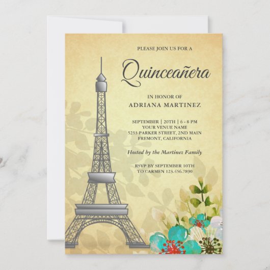 Vintager Rustikaler Eiffelturm Quinceanera Einladung (Vorderseite)