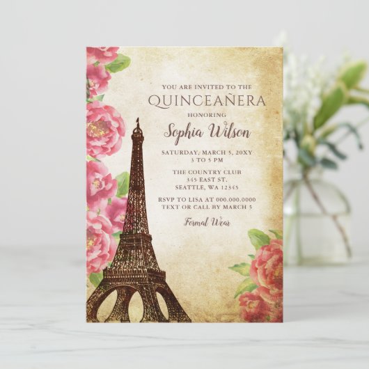 Vintager Rustikaler Eiffelturm Quinceañera Einladung (Stehend Vorderseite)