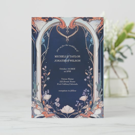 Vintager Rustikaler Navy Blumenstil Einladung (Stehend Vorderseite)