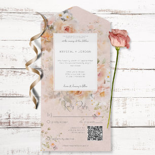 Vintager rustikaler rosa Blumenrahmen QR-Code All In One Einladung
