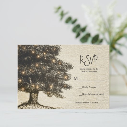 Vintager Rustikaler Tree & Lights Hochzeit RSVP (Stehend Vorderseite)
