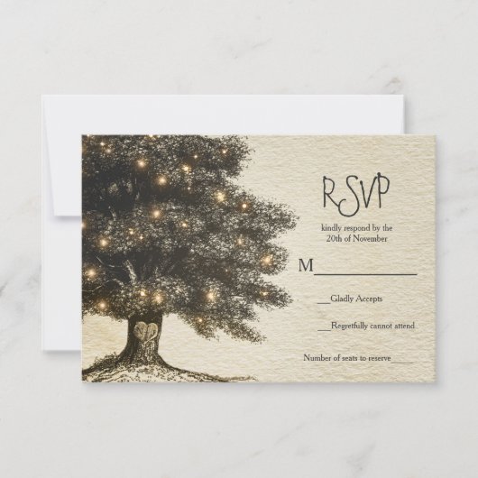 Vintager Rustikaler Tree & Lights Hochzeit RSVP Karte (Vorderseite)