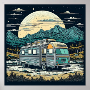 Vintager RV in den Bergen mit Vollmond Poster