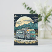 Vintager RV in den Bergen mit Vollmond Postkarte (Stehend Vorderseite)