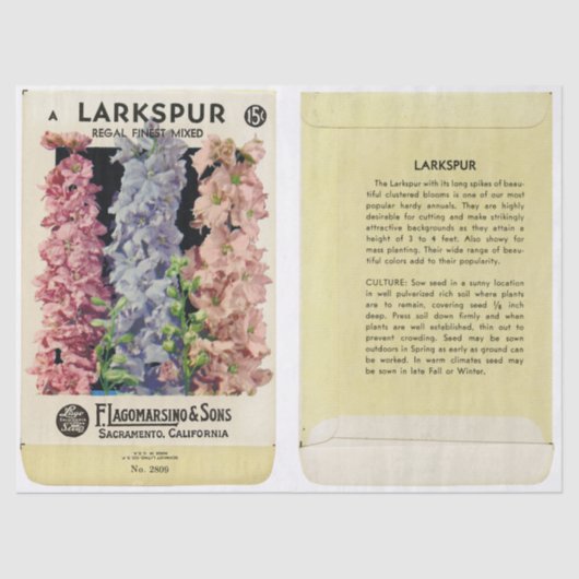 Vintager Saatgutverpackung Larkspur und Hinweise Seidenpapier (Vorderseite)