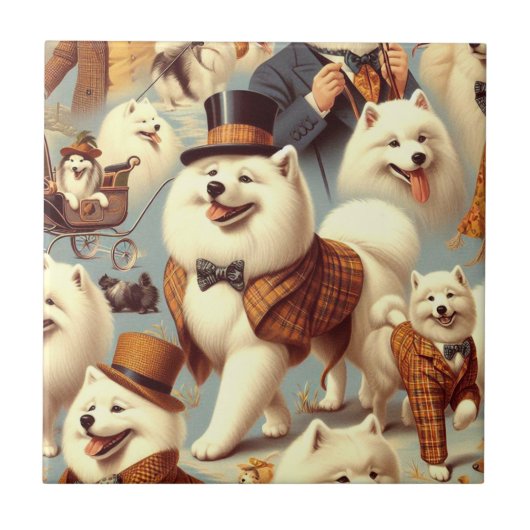 Vintager Samoyed Hund Nahtlose Malerei Fliese (Vorderseite)