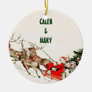 Vintager SanktSleigh und -ren im Schnee Keramik Ornament