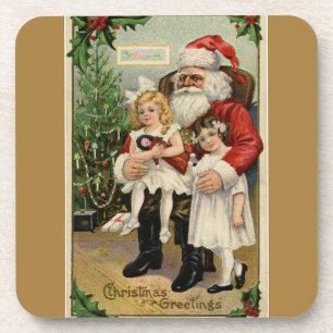 Vintager Santa Besuch mit zwei süßen Girls Tan Getränkeuntersetzer