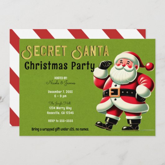 Vintager Santa Claus Green Secret Santa Party Einladung (Vorne/Hinten)