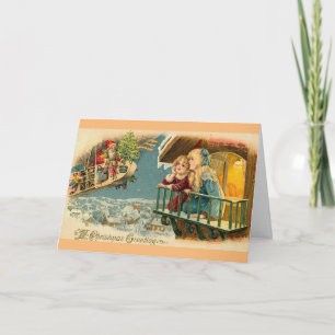 Vintager Santa in Flugzeug Luftballon Feiertagskarte