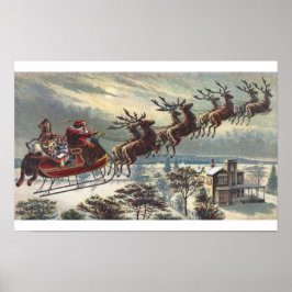 Vintager Santa in Sleigh Flying Poster