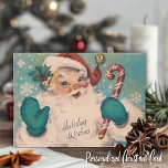 Vintager Santa mit Candy Cane Custom Christmas Feiertagskarte<br><div class="desc">Die Weihnachtskarte aus der Mitte des Jahrhunderts mit dem fröhlichen Weihnachtsmann mit dem roten Hut und den bläulich-grünen Fingern,  die einen Bonbons halten und mit "Holiday Wishs" hallo schwingen. Personalisieren Sie diese,  indem Sie die Nachricht auf der Rückseite anpassen und/oder Ihren Namen hinzufügen.</div>