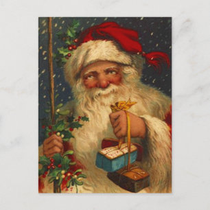 Vintager Santa mit Geschenken Schneeflocken rustik Feiertagspostkarte
