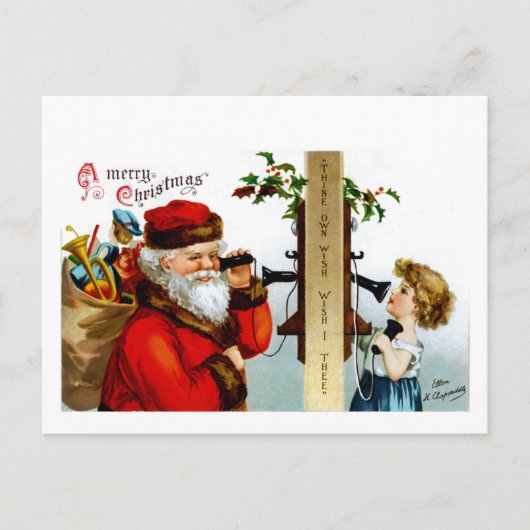 Vintager Santa mit Telefon Feiertagspostkarte (Vorderseite)
