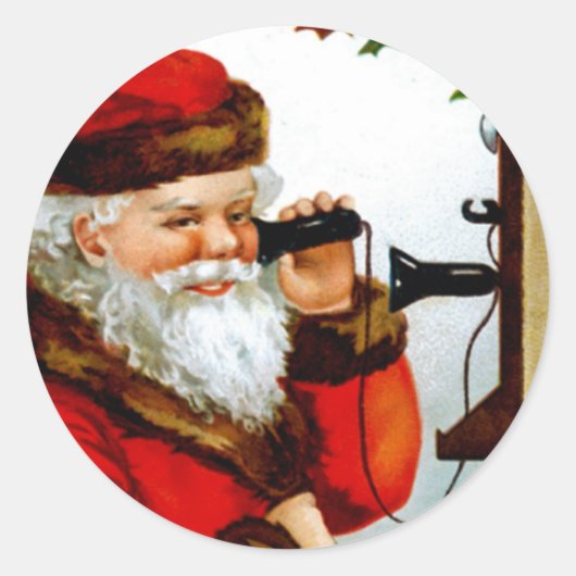 Vintager Santa mit Telefon Runder Aufkleber (Vorderseite)