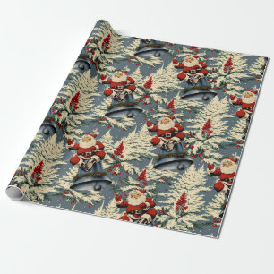 Vintager Santa und Bell Dark Blue Geschenkpapier