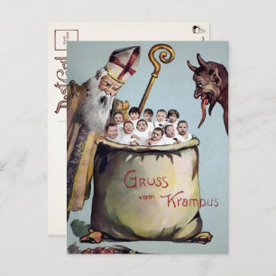 Vintager Santa und Krampus mit Kinderpostkarte Postkarte