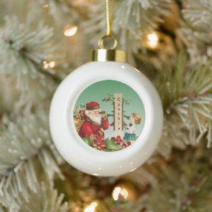 Vintager Santa und Mädchen am Telefon mit Namen Keramik Kugel-Ornament