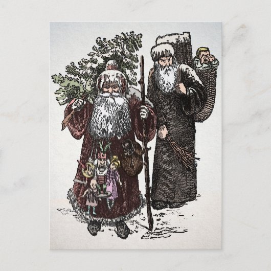 Vintager Santa und Pere Fouettard Postkarte (Vorderseite)