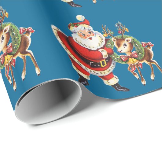 Vintager Santa und Rentiere Geschenkpapier (Rolleneckpunkt)