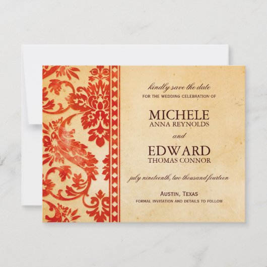 Vintager Scarlet Damask Lack Save the Date (Vorderseite)
