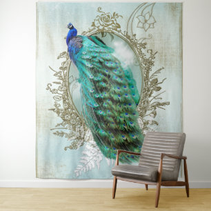 Vintager schäbiger Vogel des Pfautürkises Wandteppich