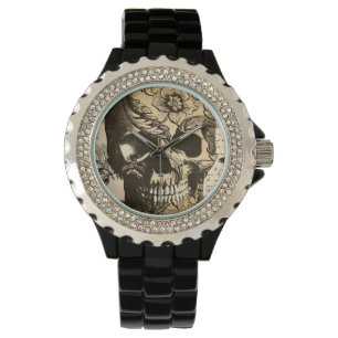 Vintager Schädel-Schwarzweiss-Damen-Uhr Armbanduhr